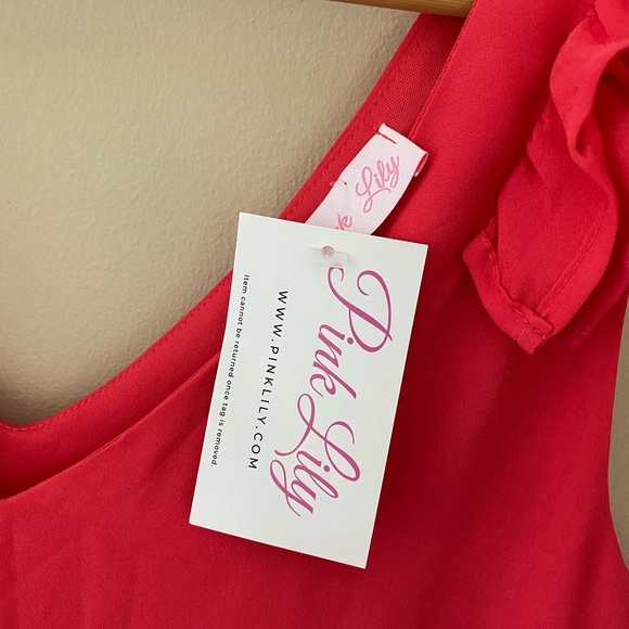 NWT Women’s Pink Lily Cherished Charm Pink Ruffle Shoulder V-Neck Slip Dress - Picture 3 of 4